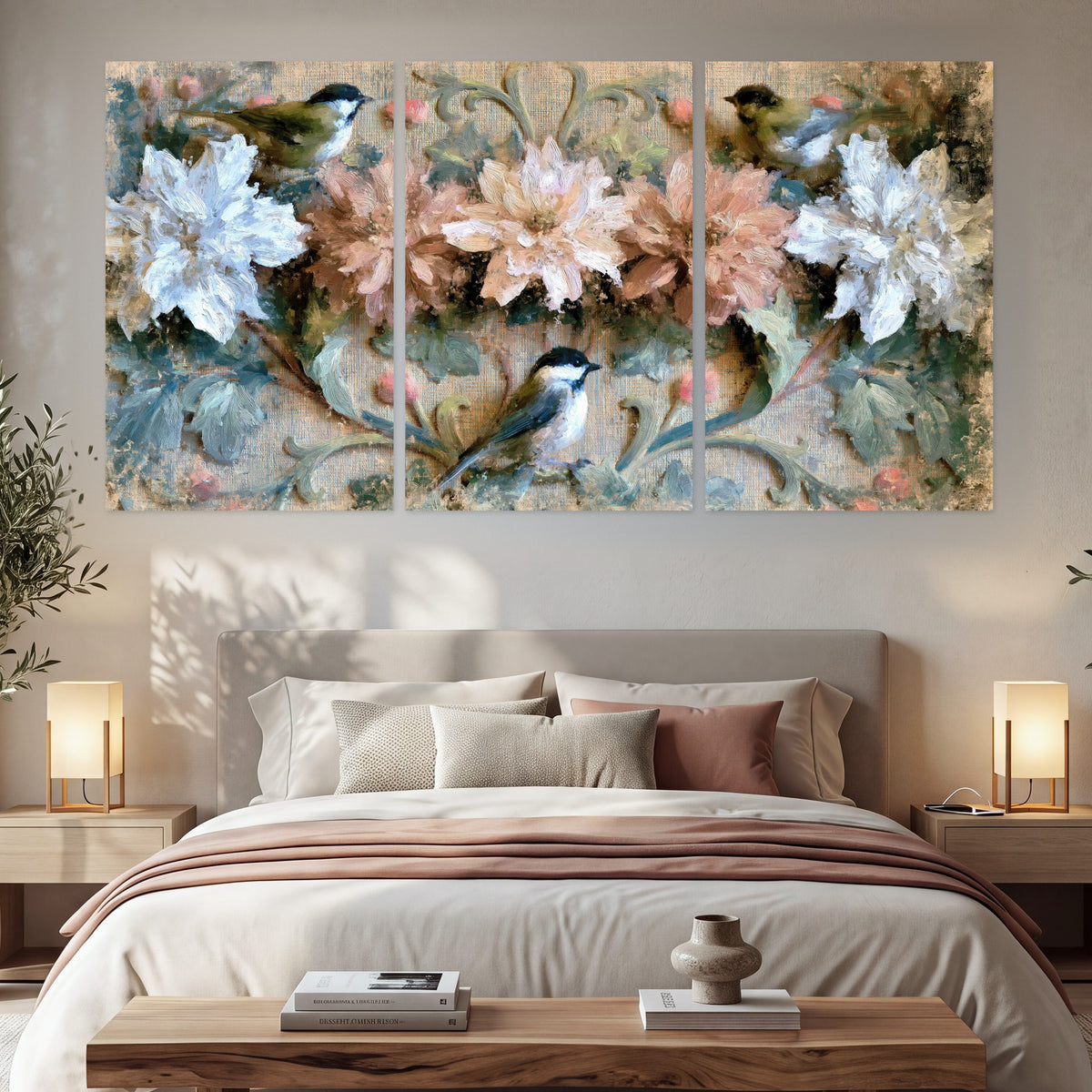 Chickadee birds and flowers painting set of 3 poster prints in a bedroom above the bed