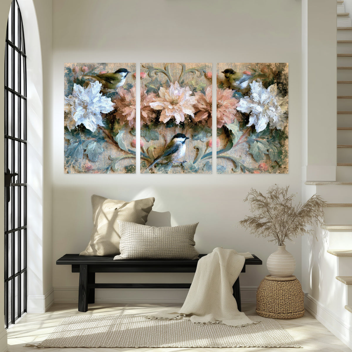 Chickadee birds and flowers painting set of 3 poster prints in an entryway above a bench