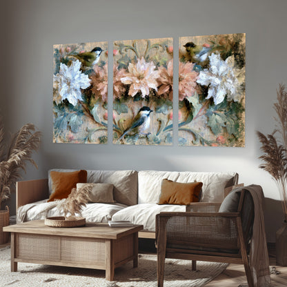 Chickadee birds and flowers painting set of 3 poster prints in a rustic living room