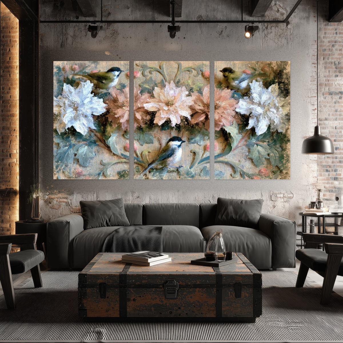Chickadee birds and flowers painting set of 3 poster prints in an industrial loft