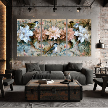 Chickadee birds and flowers painting set of 3 poster prints in an industrial loft