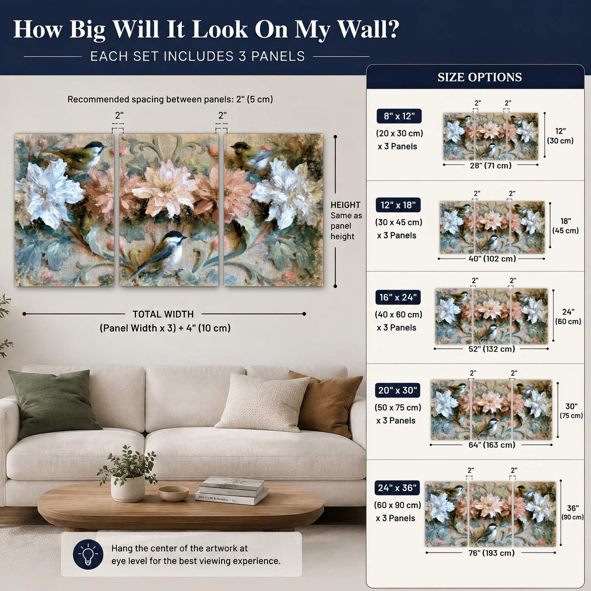 Chickadee birds and flowers painting set of 3 poster prints size guide above a sofa