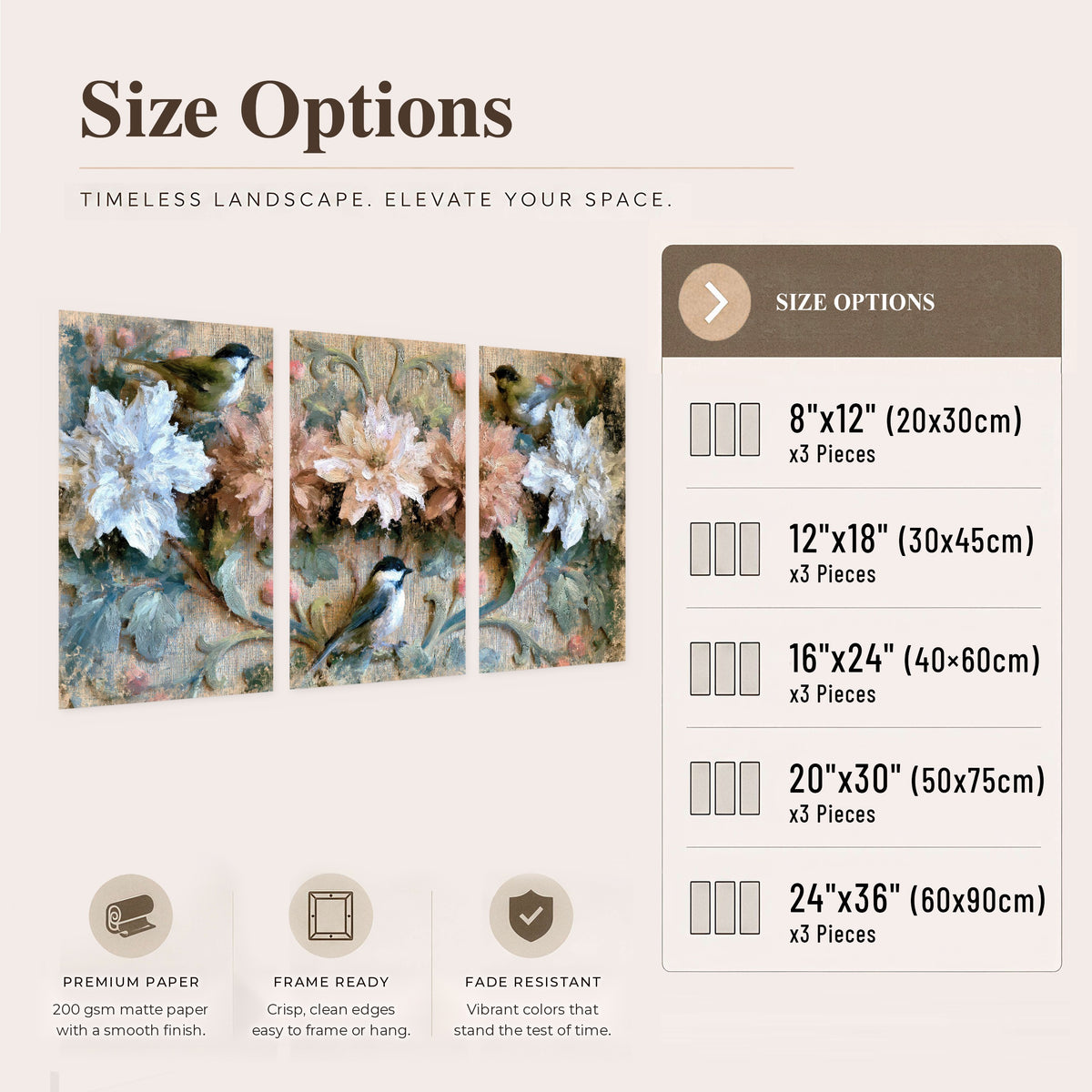Chickadee birds and flowers painting set of 3 poster prints size options
