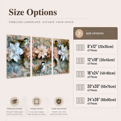 Chickadee birds and flowers painting set of 3 poster prints size options