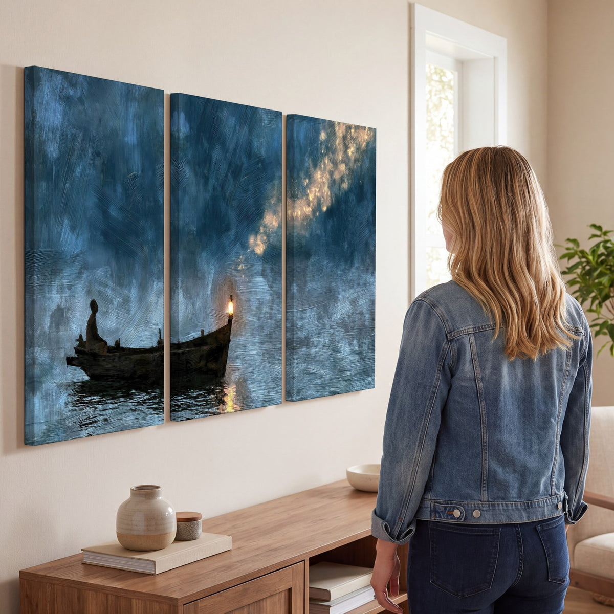 Night boat with lantern painting 3 piece canvas wall art in a living room
