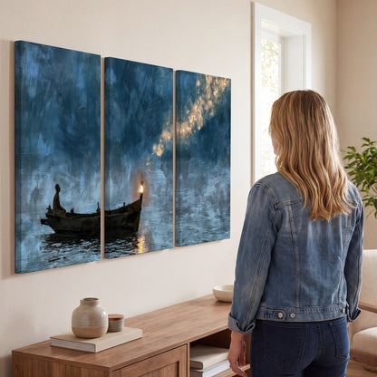 Night boat with lantern painting 3 piece canvas wall art in a living room
