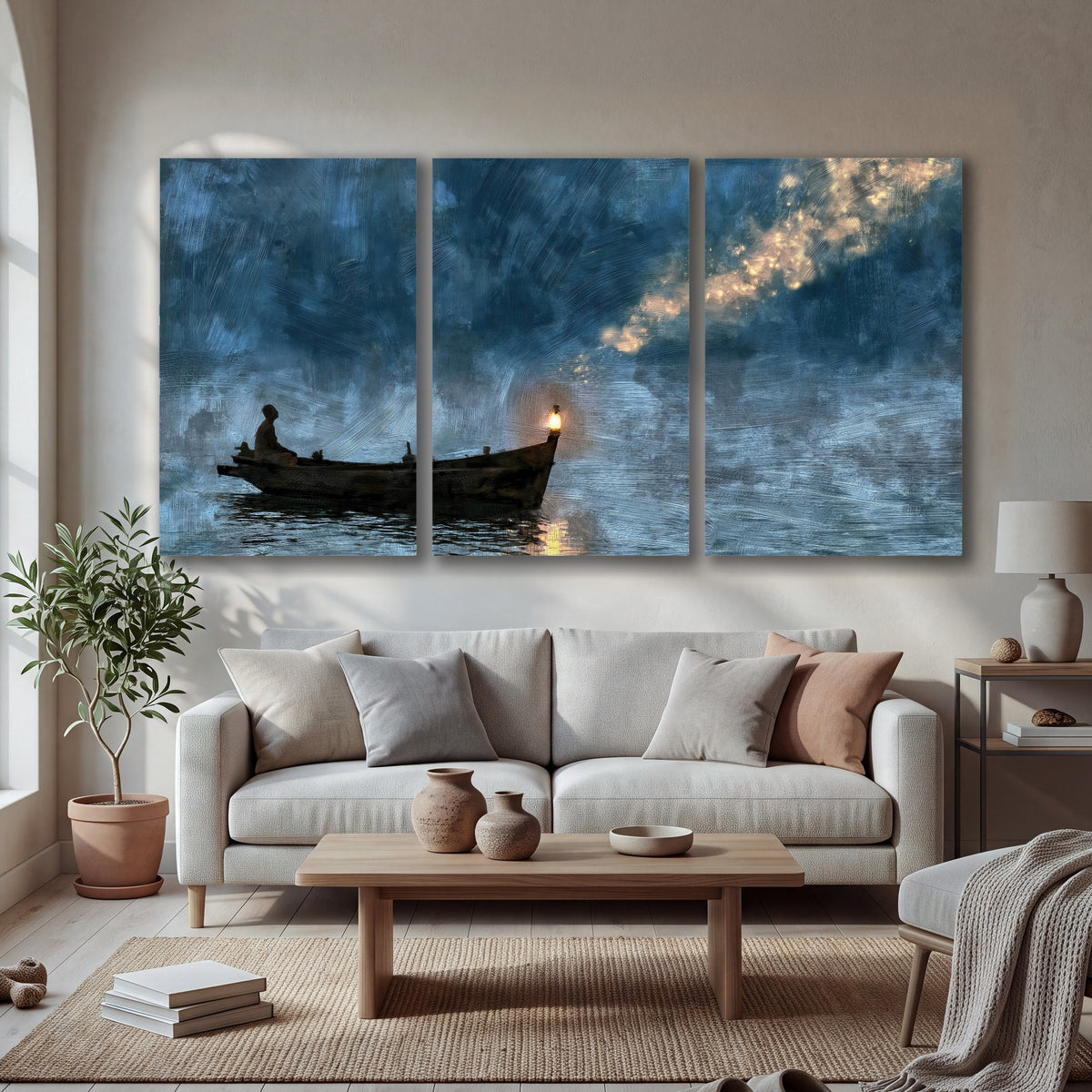 Night boat with lantern painting 3 piece canvas wall art in a bright living room