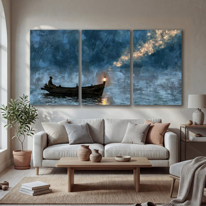 Night boat with lantern painting 3 piece canvas wall art in a bright living room