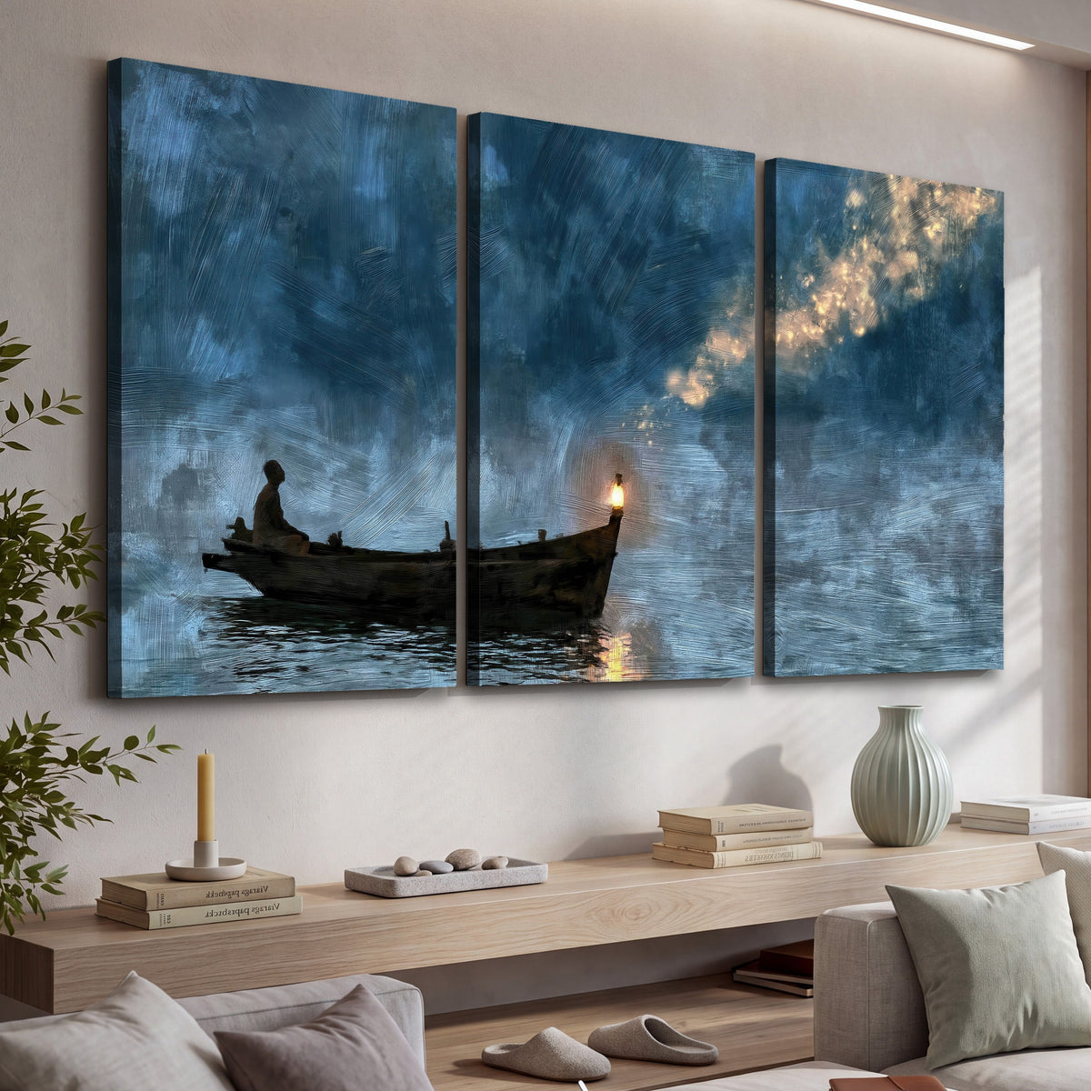 Night boat with lantern painting 3 piece canvas wall art in a living room above a console
