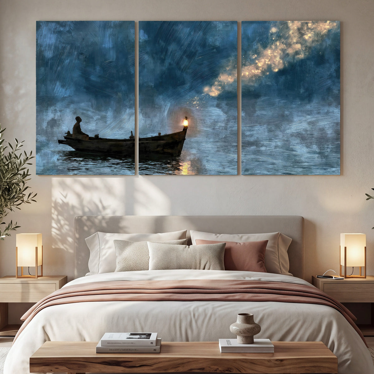 Night boat with lantern painting 3 piece canvas wall art in a bedroom above the bed