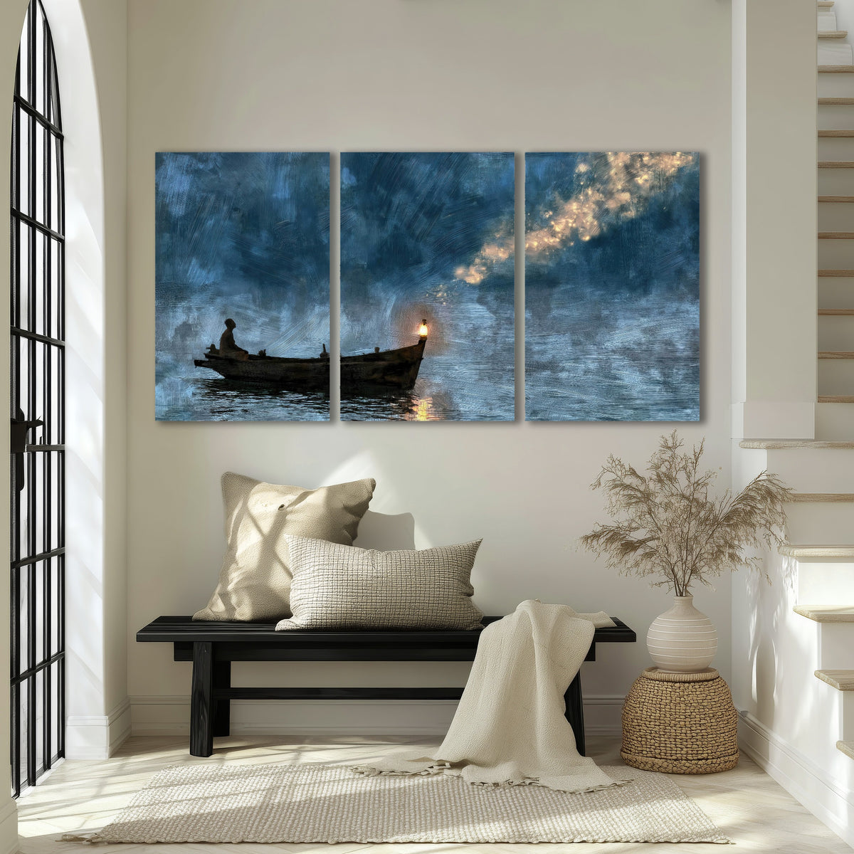 Night boat with lantern painting 3 piece canvas wall art in an entryway above a bench