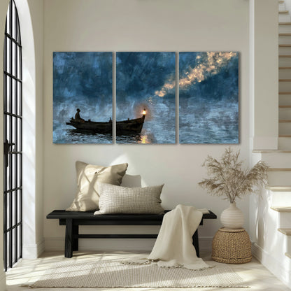 Night boat with lantern painting 3 piece canvas wall art in an entryway above a bench