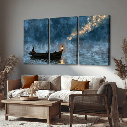 Night boat with lantern painting 3 piece canvas wall art in a rustic living room
