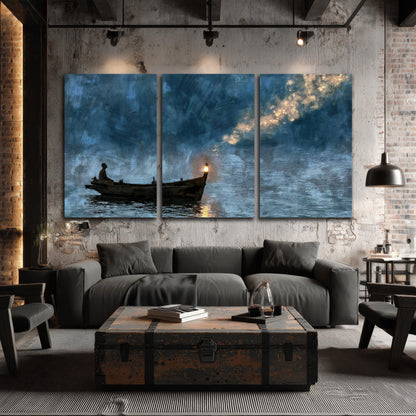 Night boat with lantern painting 3 piece canvas wall art in an industrial loft