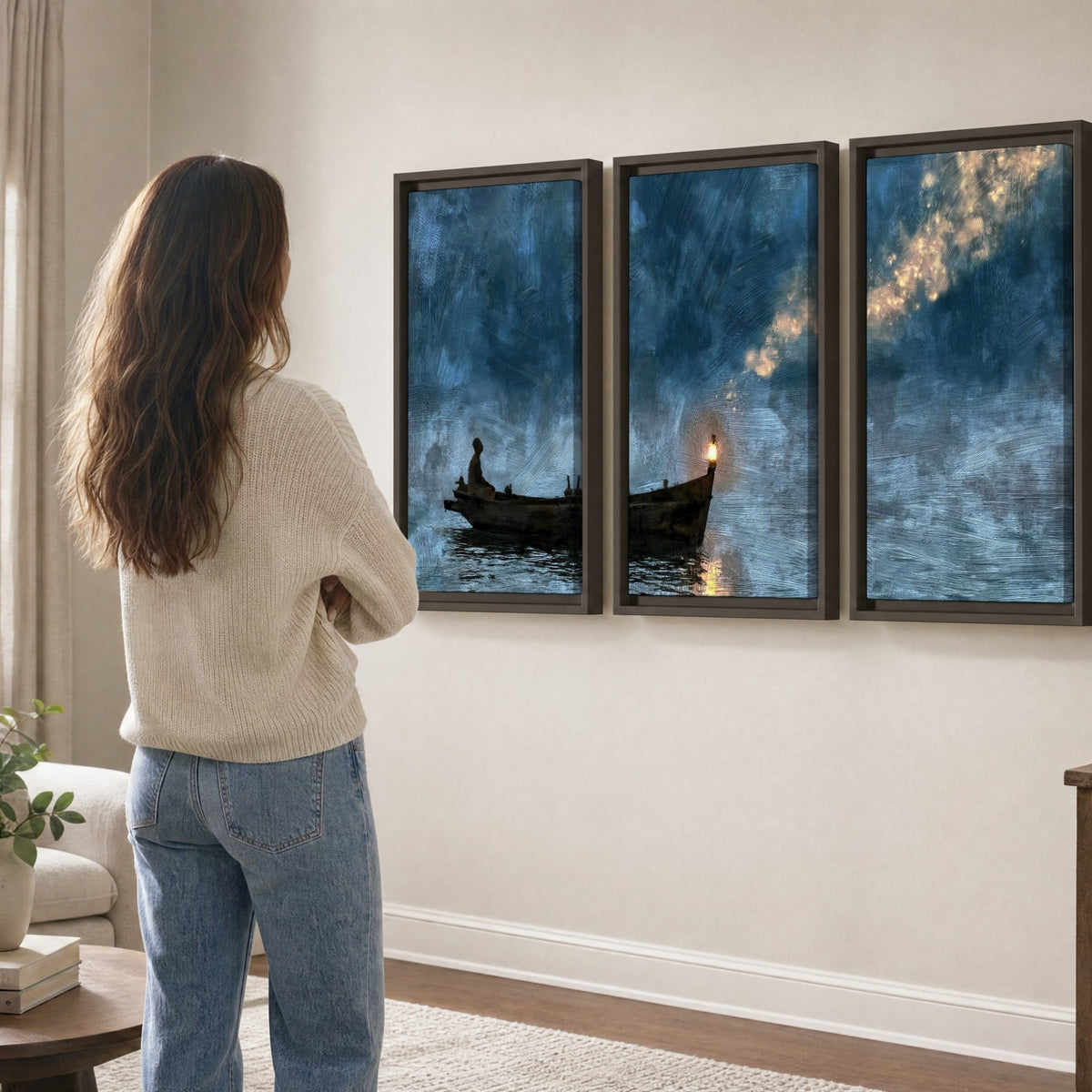 Night boat with lantern painting 3 piece framed canvas in a living room