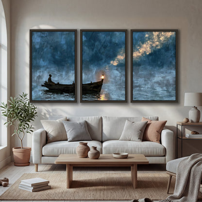 Night boat with lantern painting 3 piece framed canvas in a bright living room