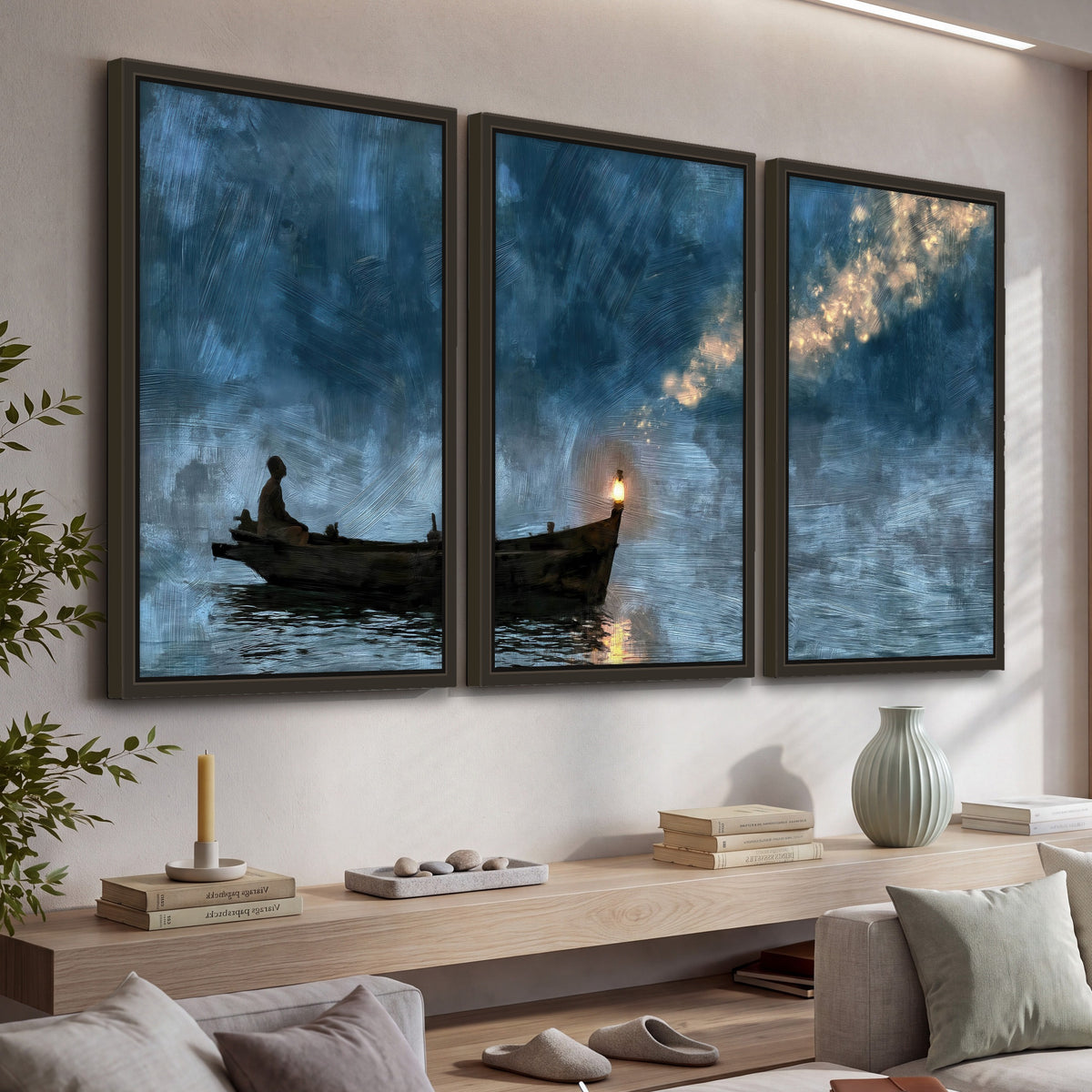 Night boat with lantern painting 3 piece framed canvas in a living room above a console