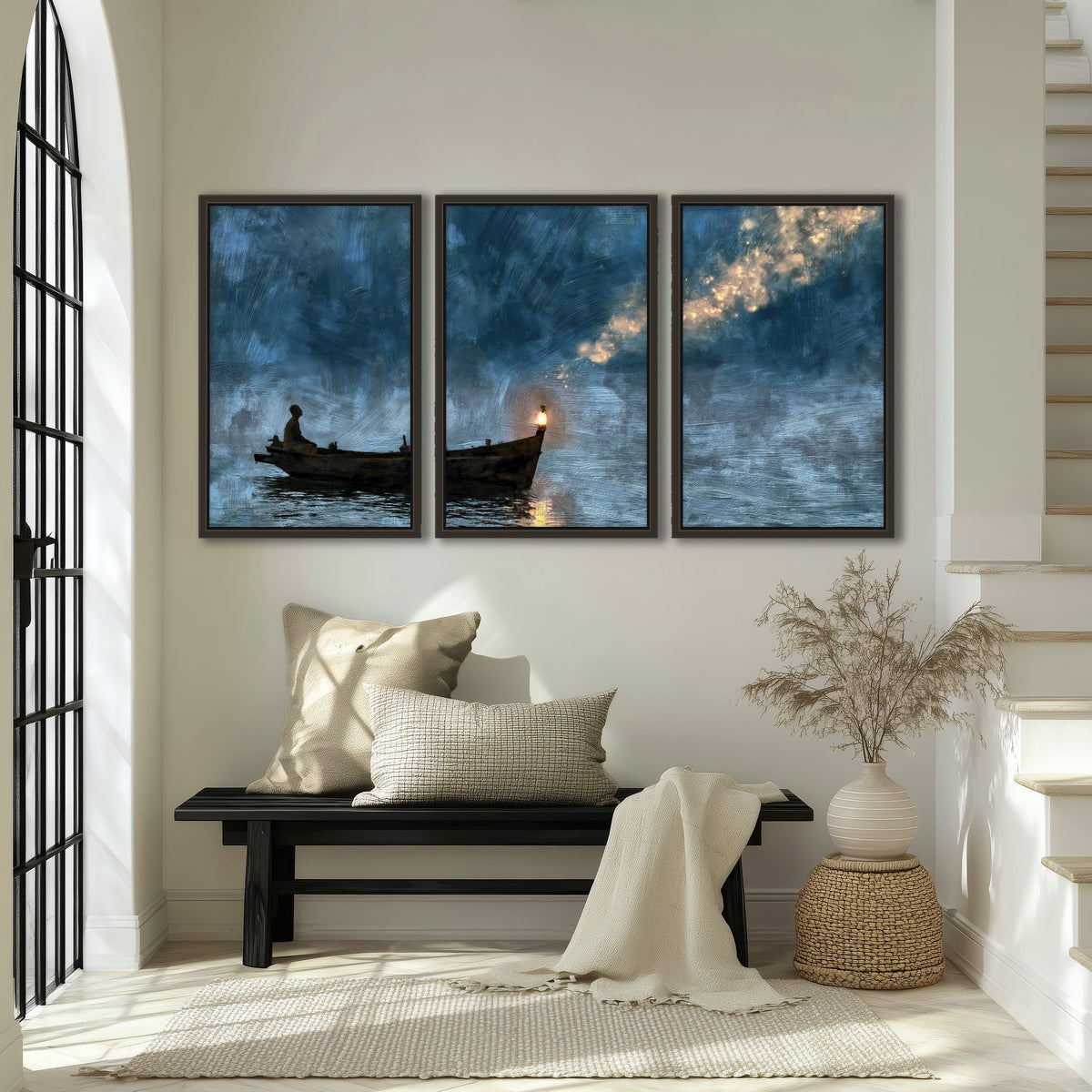 Night boat with lantern painting 3 piece framed canvas in an entryway above a bench