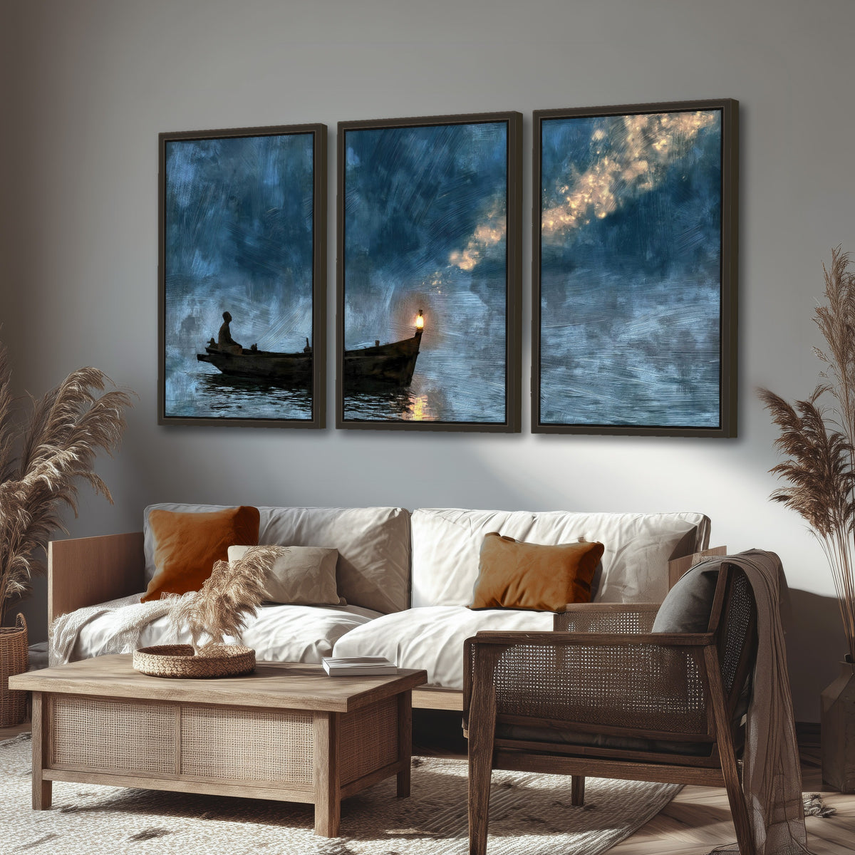 Night boat with lantern painting 3 piece framed canvas in a rustic living room