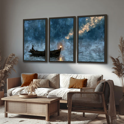 Night boat with lantern painting 3 piece framed canvas in a rustic living room
