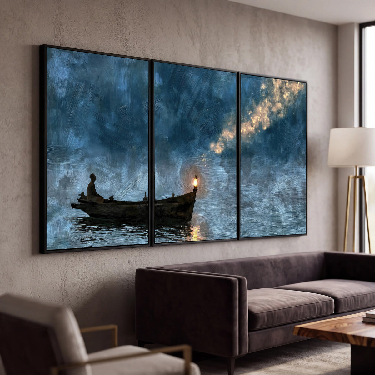 Night boat with lantern painting 3 piece framed canvas in a modern living room