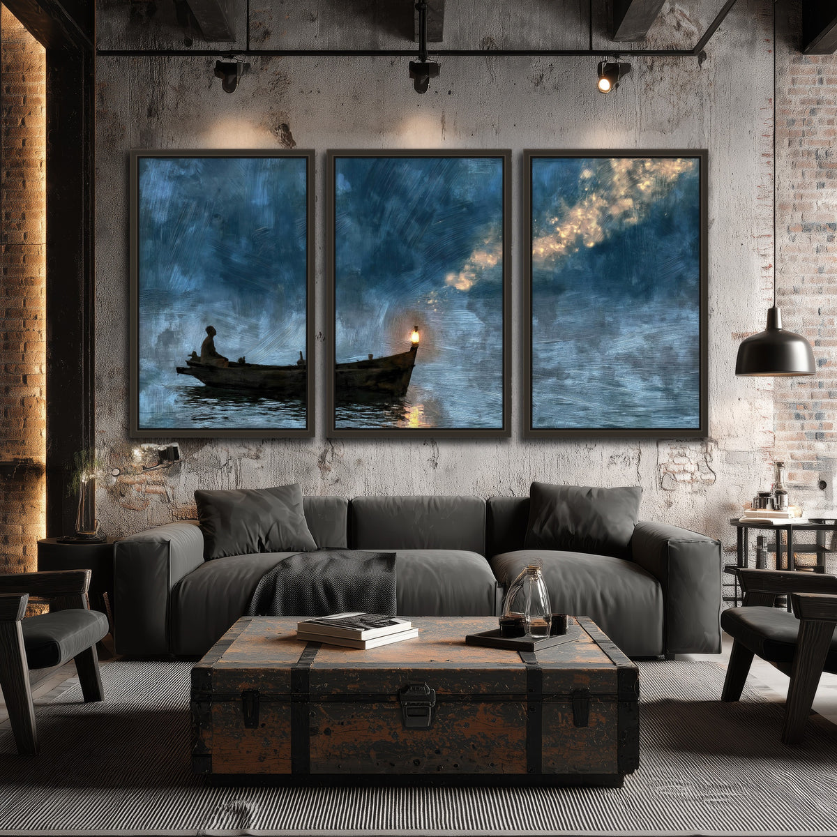 Night boat with lantern painting 3 piece framed canvas in an industrial loft