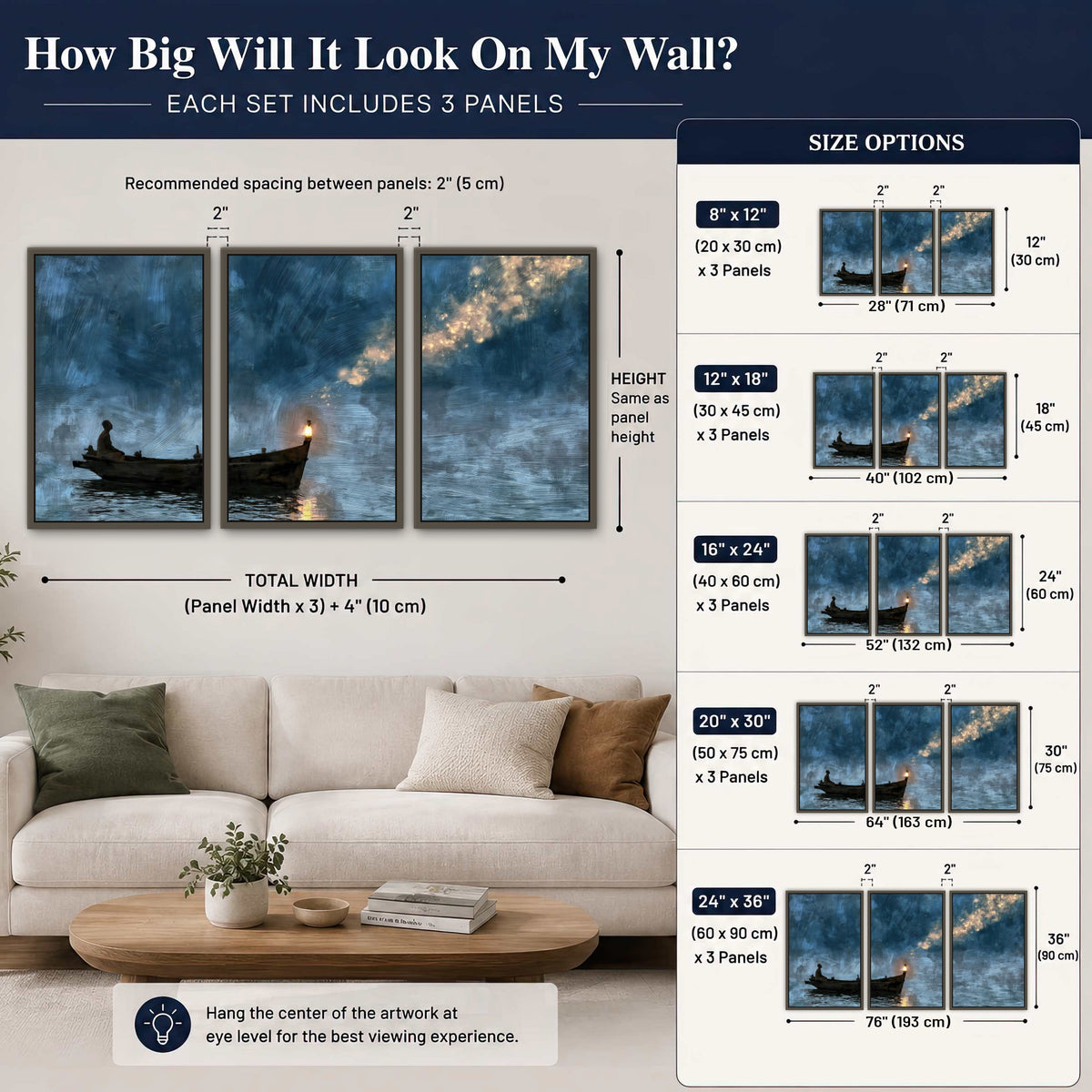 Night boat with lantern painting 3 piece framed canvas size guide above a sofa