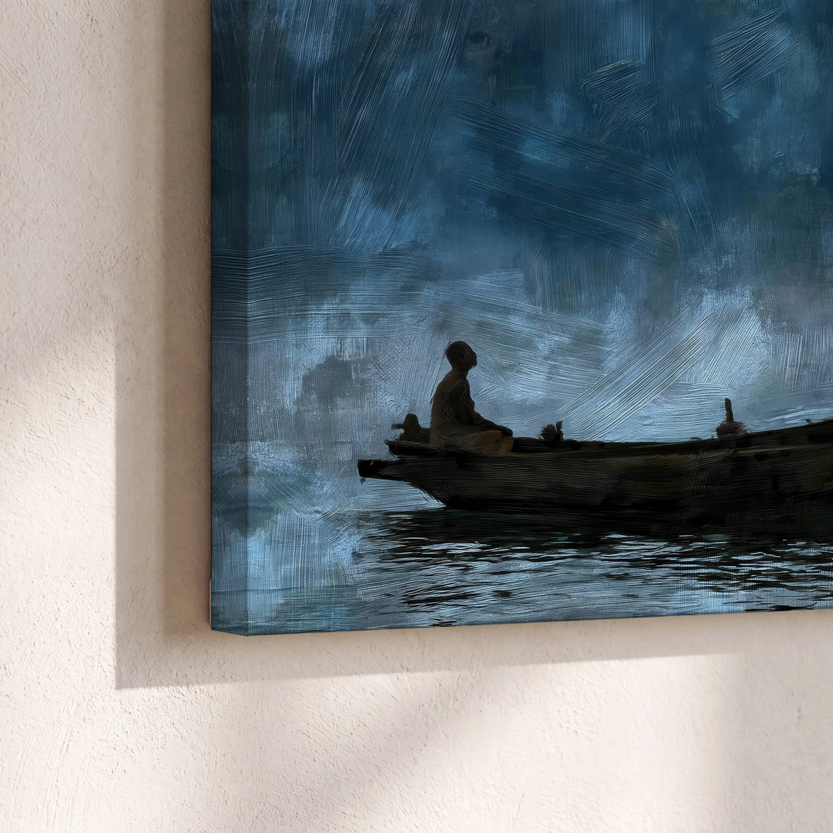 Night boat with lantern painting canvas print close-up showing the gallery-wrapped edge