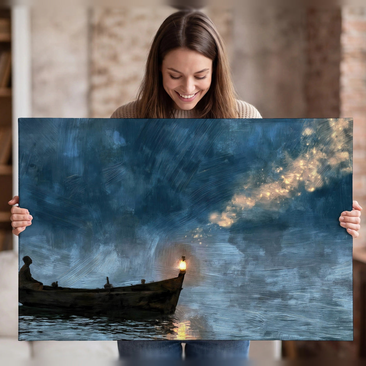 Night boat with lantern painting canvas wall art held in hands