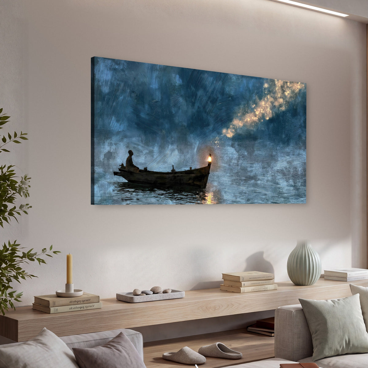 Night boat with lantern painting canvas wall art in a living room above a console