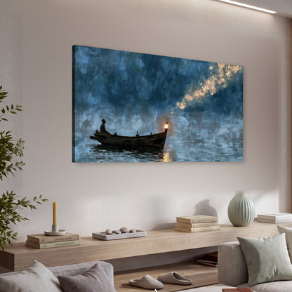 Night boat with lantern painting canvas wall art in a living room above a console