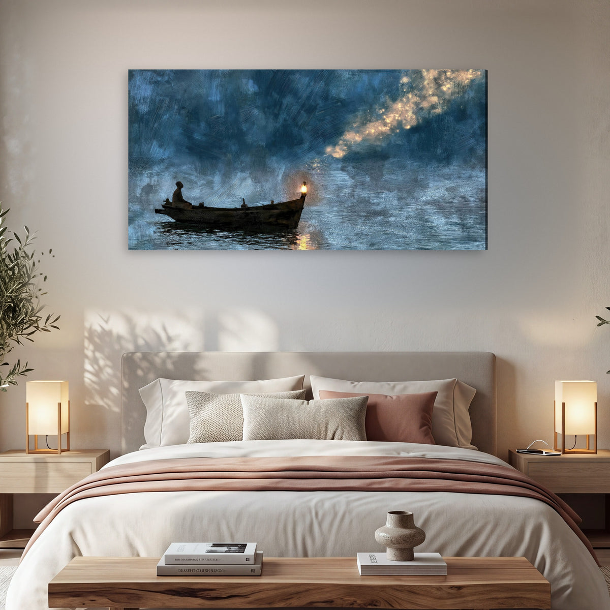 Night boat with lantern painting canvas wall art in a bedroom above the bed