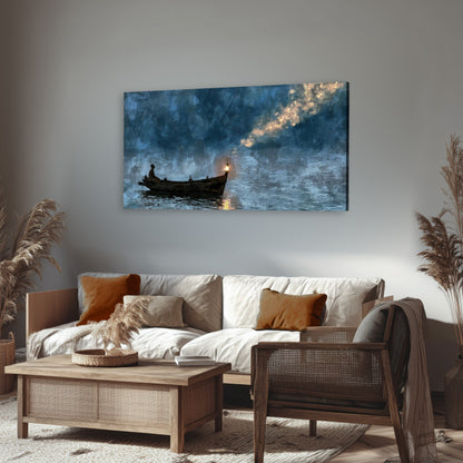 Night boat with lantern painting canvas wall art in a rustic living room