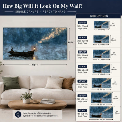 Night boat with lantern painting canvas wall art size guide above a sofa
