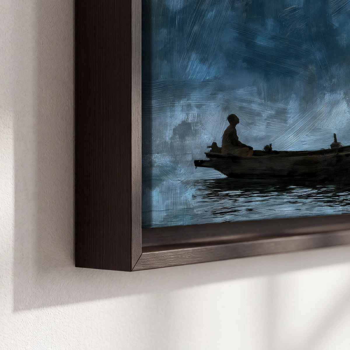 Night boat with lantern painting framed canvas close-up showing the floating frame