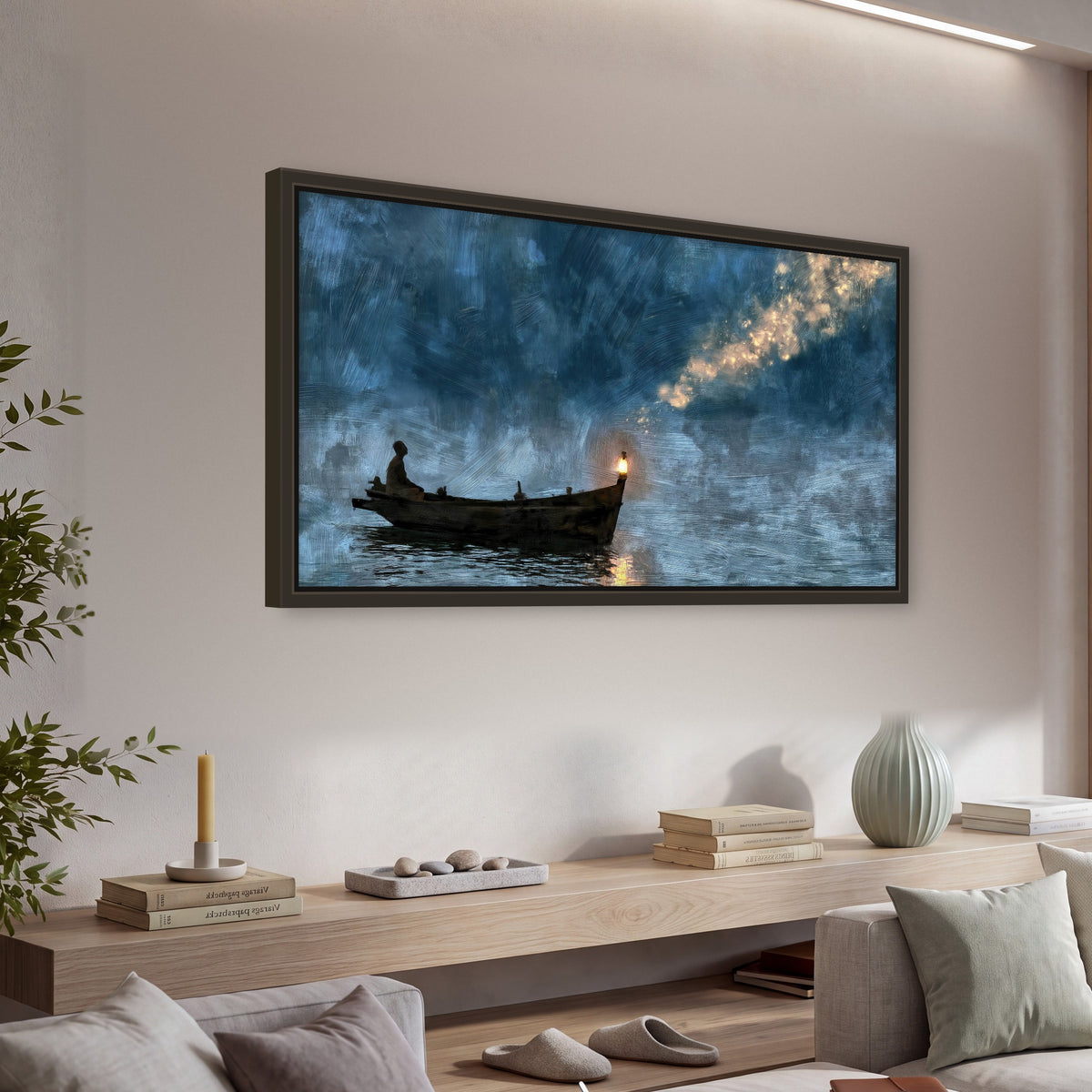 Night boat with lantern painting framed canvas wall art in a living room above a console