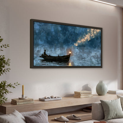 Night boat with lantern painting framed canvas wall art in a living room above a console