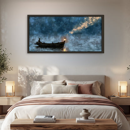 Night boat with lantern painting framed canvas wall art in a bedroom above the bed