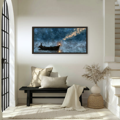 Night boat with lantern painting framed canvas wall art in an entryway above a bench