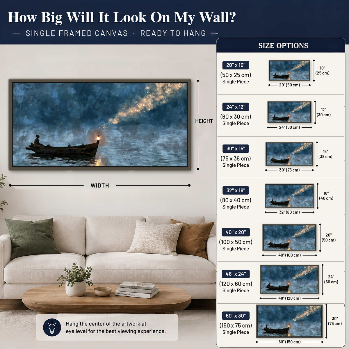 Night boat with lantern painting framed canvas wall art size guide above a sofa