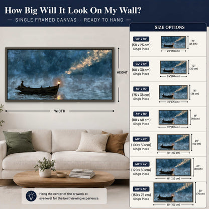 Night boat with lantern painting framed canvas wall art size guide above a sofa