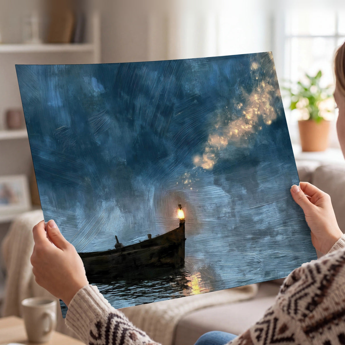 Night boat with lantern painting poster print held in hands