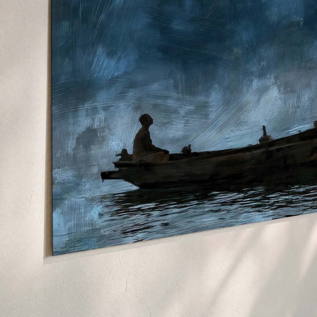 Night boat with lantern painting poster print close-up on matte paper