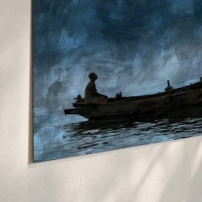 Night boat with lantern painting poster print close-up on matte paper
