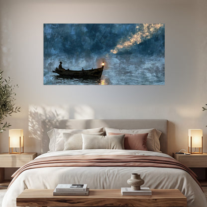 Night boat with lantern painting poster print in a bedroom above the bed