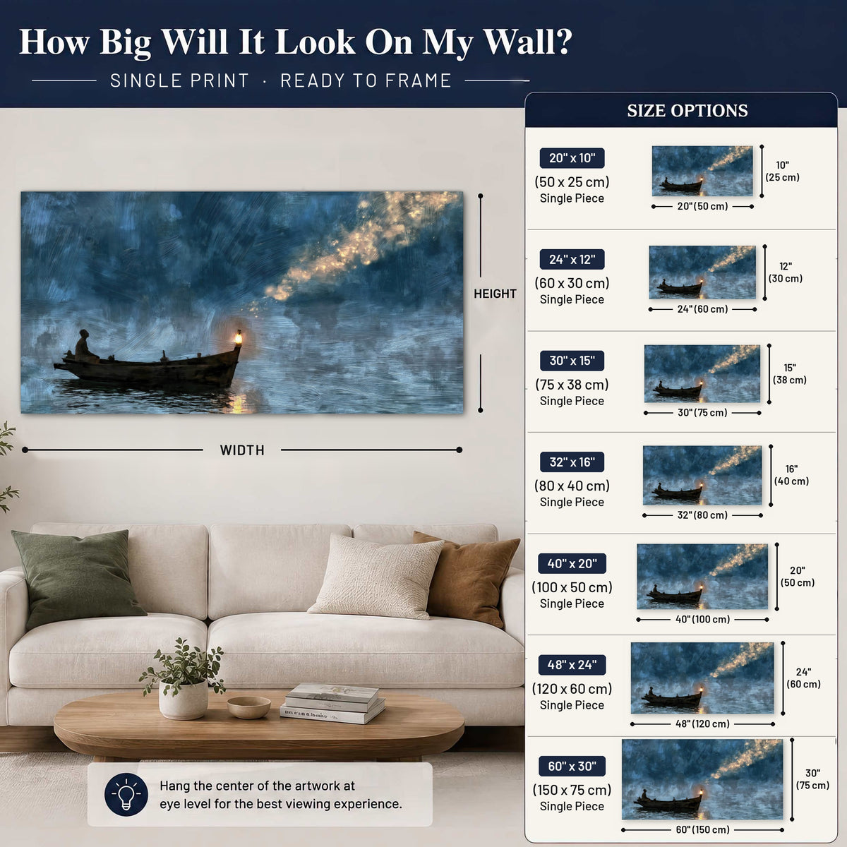 Night boat with lantern painting poster print size guide above a sofa