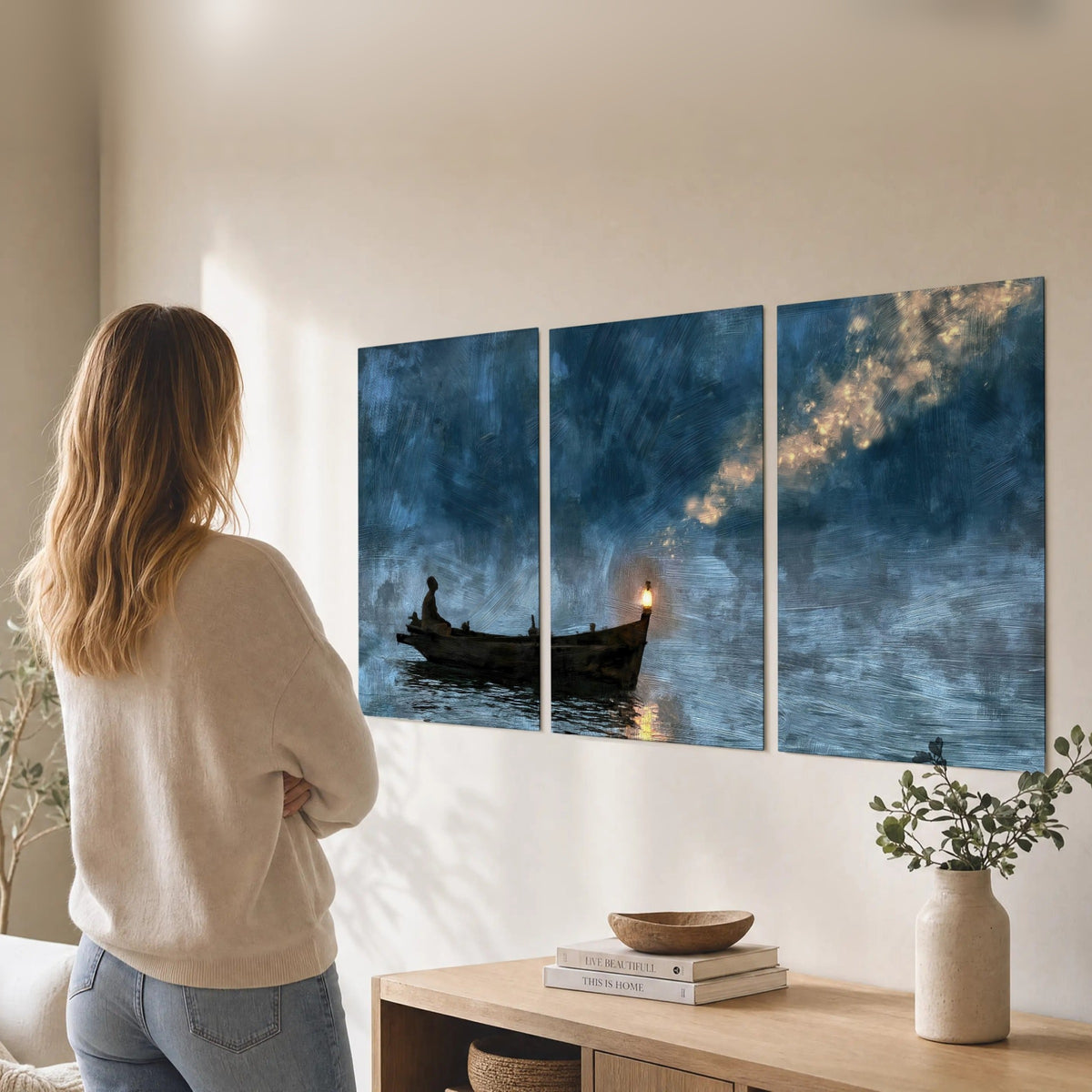Night boat with lantern painting set of 3 poster prints in a living room