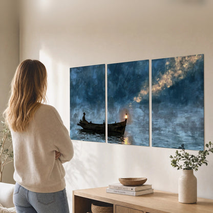 Night boat with lantern painting set of 3 poster prints in a living room