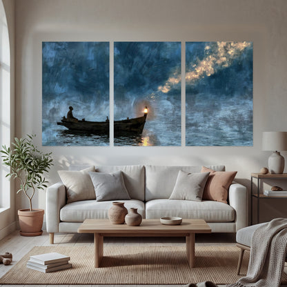 Night boat with lantern painting set of 3 poster prints in a bright living room