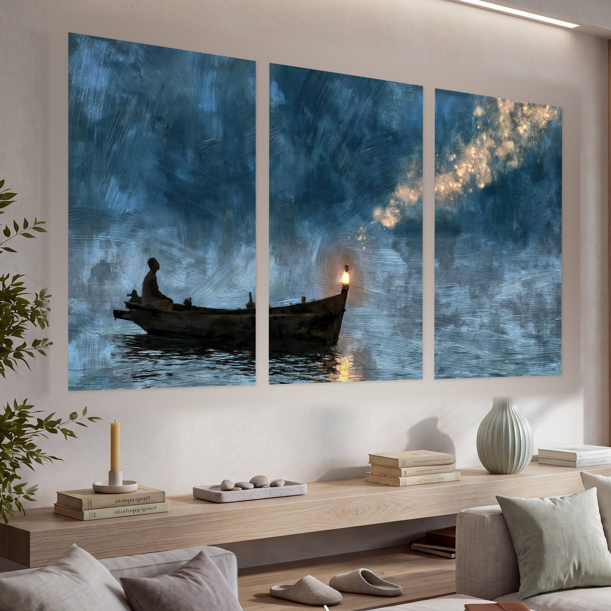 Night boat with lantern painting set of 3 poster prints in a living room above a console